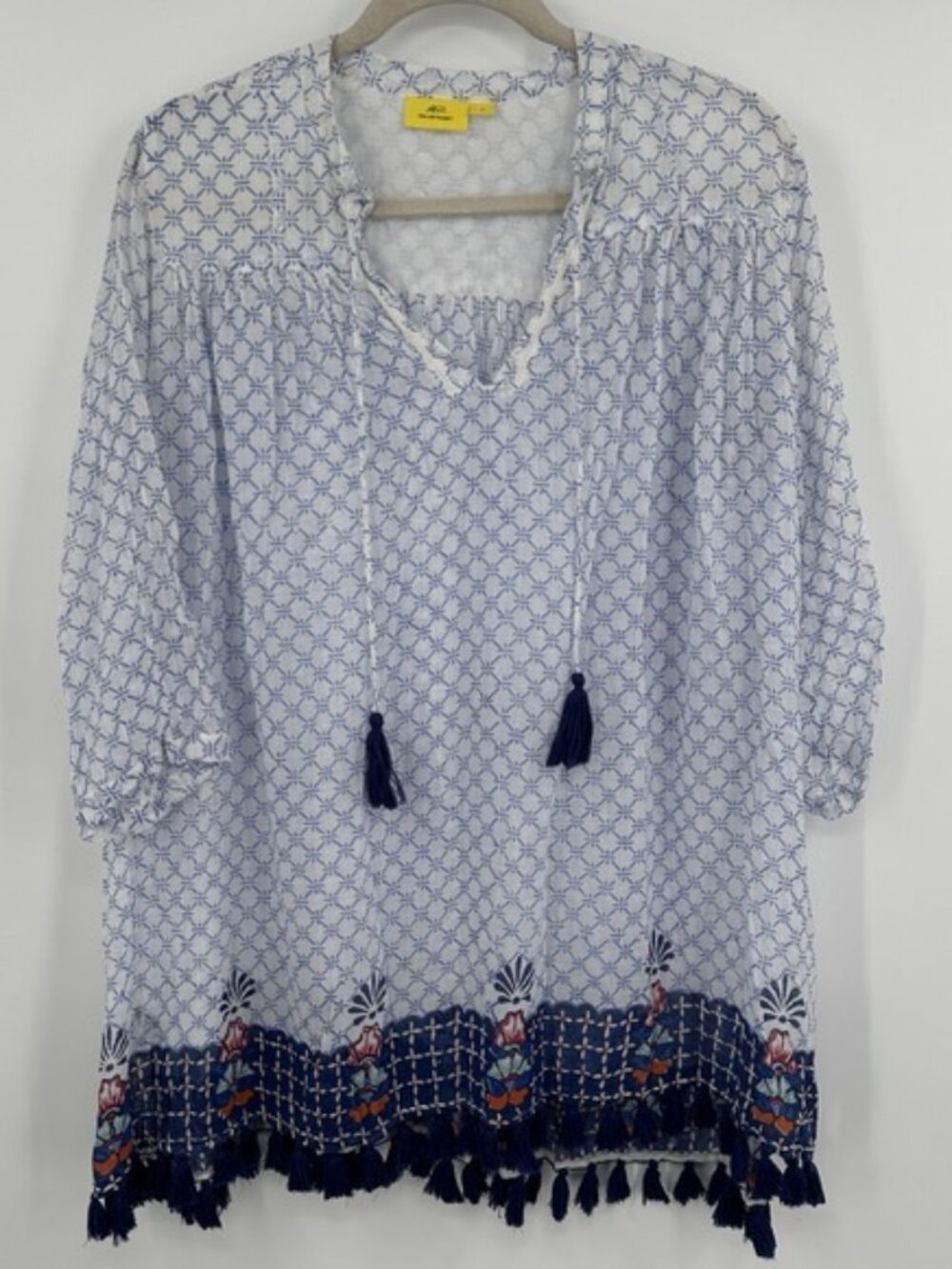 Roller Rabbit Tunic Dress Womens Small Blue White Boho Tassel Embroidered Cotton